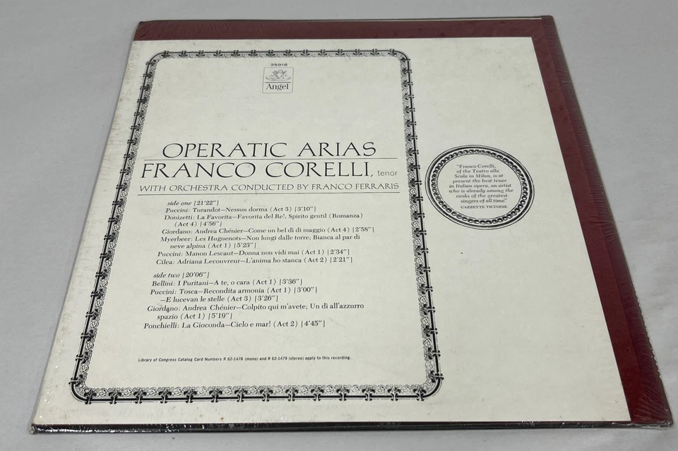 OPERATIC ARIAS BY FRANCO CORELLI LP ANGEL 35918 NEW SEALED RECORD VINYL - Image 2 of 2
