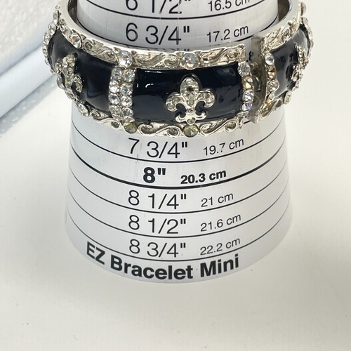 Fleur de Lis Rhinestone Cuff Bracelet Black Enamel Silver Tone Wide Hinged - Picture 4 of 6
