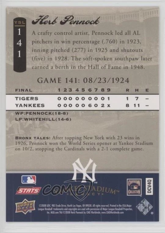 2008 Upper Deck Yankee Stadium Legacy Herb Pennock #YSL141 HOF - Image 2 of 2