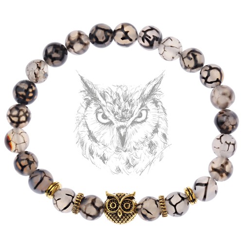 Gold Owl Beads Bracelets 8mm Crack Dragon's Vein Agate Women Men Jewelry Gifts - Picture 5 of 5