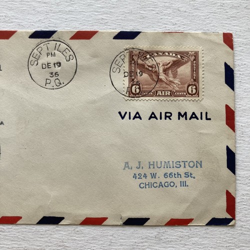 Canada Air Mail First Flight Sept Iles to Rimouski Caribou Cachet 12-19-1936 - Picture 3 of 4