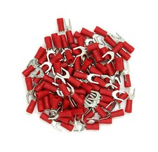 100 Pack 22-18 Gauge Red Spade Crimp Fork Terminals 10 - SHIPS FREE TODAY