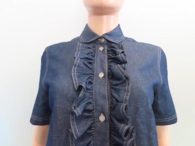 Christian Dior Dark Blue Cotton-Linen Blend Ruffle Front Blouse F