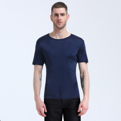 Knitted Men's Short Sleeve T-shirt Mulberry Silk Fabric Round Neck Pullover Top
