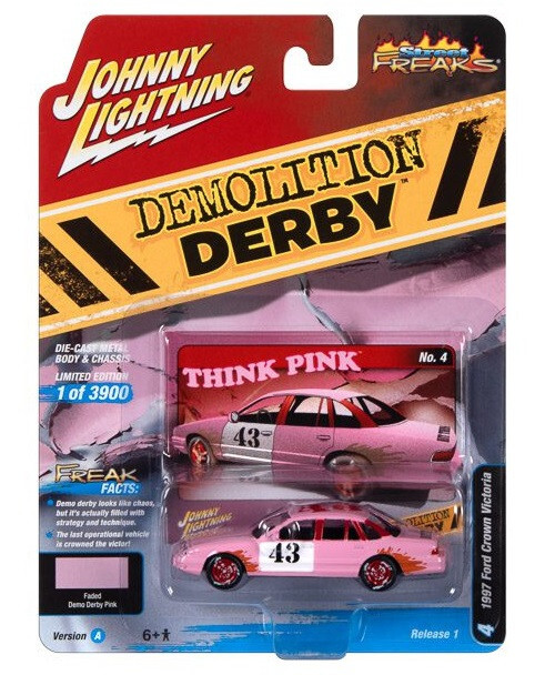 JOHNNY LIGHTNING 1/64 DEMOLITION DERBY 1997 FORD CROWN VICTORIA PINK JLSF025 A