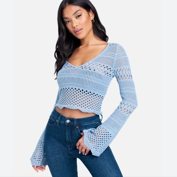 Bebe Sz S Blue Bell Sleeve Scallop Hem Long Sleeve Crochet Top Cropped Boho Y2K