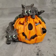 Vintage BLACK CATS ON PUMPKIN Halloween Light  Sound Works Resin Jack-O-Lantern