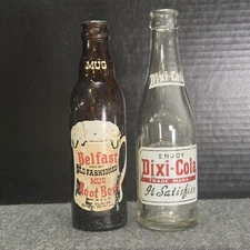 1950 Mug Root Beer Belfast Amber ACL Soda Bottle SF CA + Dixi-Cola 2 Lot Vintage