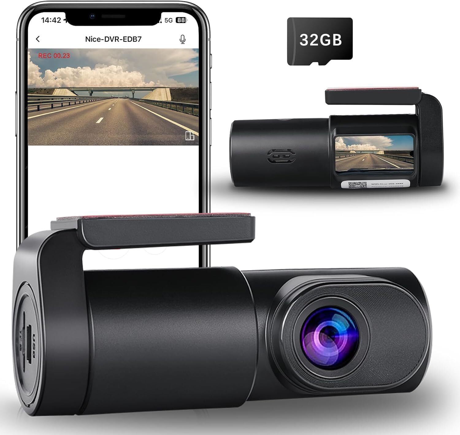 1080p FHD Wifi Dash Cam for Cars with App Night Vision Includes Free 32GB Card Front Camera-image