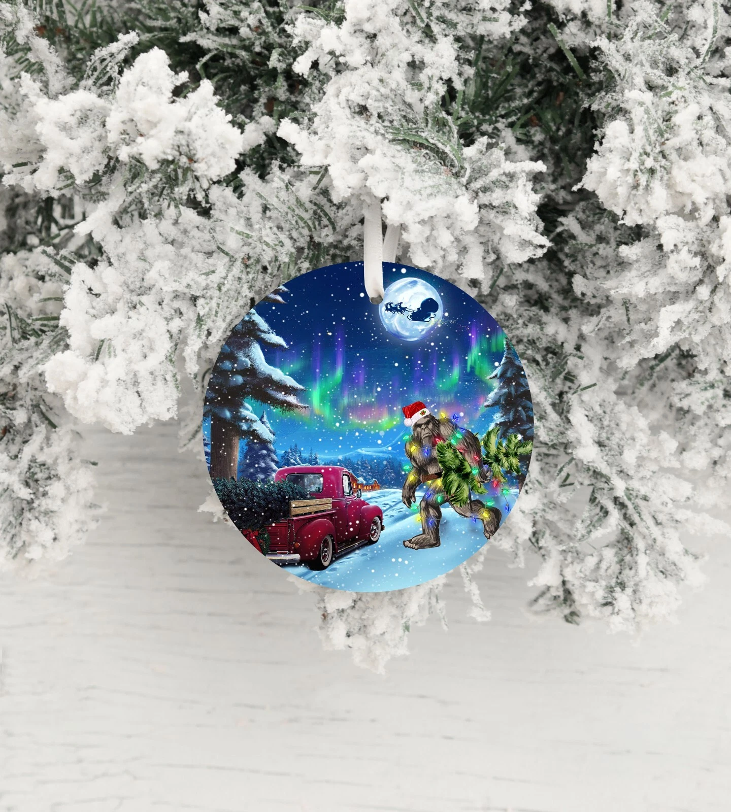 Northern Lights Bigfoot Ceramic Christmas Ornament