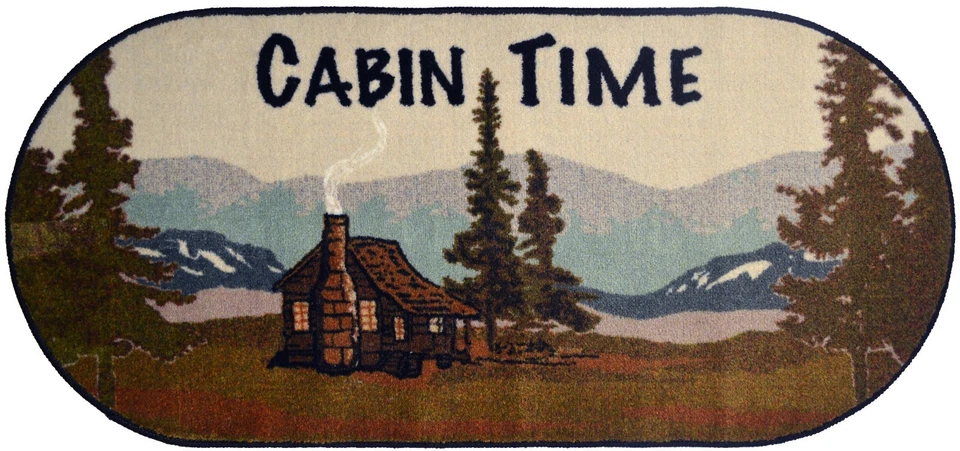 COZY CABIN 20X44 "Cabin Time" Mountains Forest Brown Green Cabin Lodge Oval Kitchen Rug Mat
