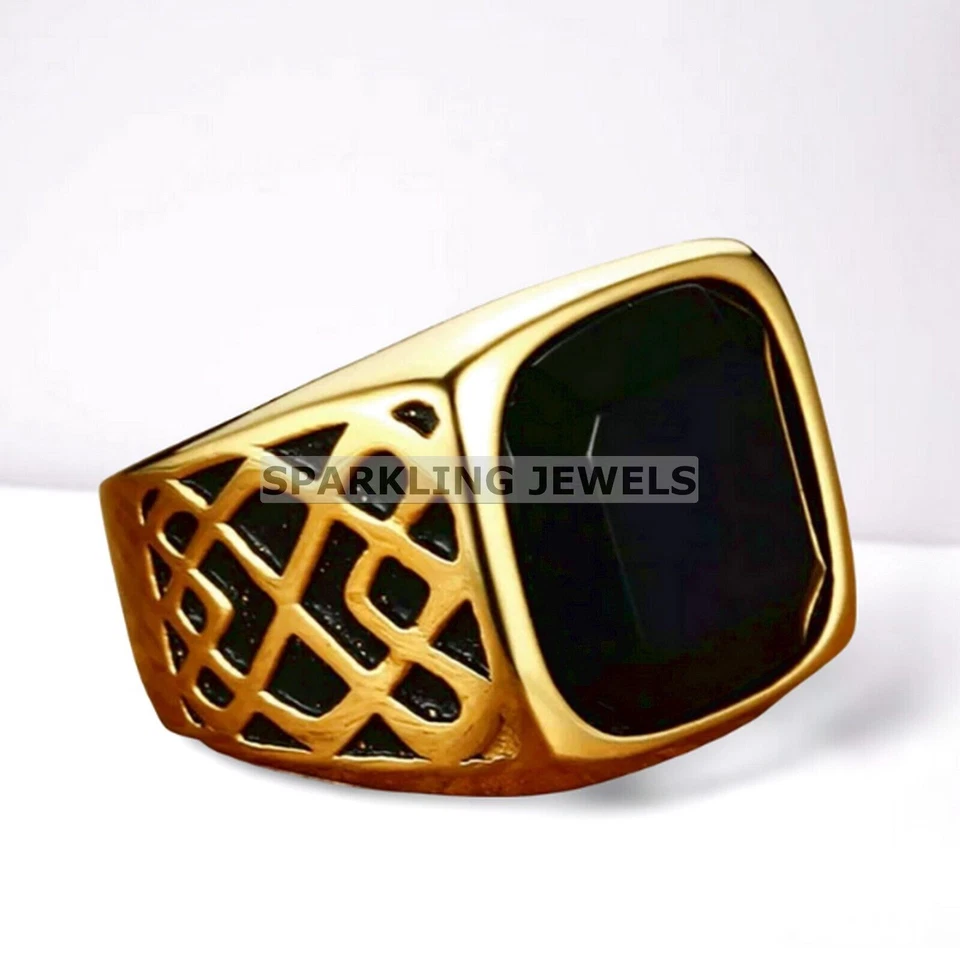 AAA+ Cojín de ónix negro con anillo chapado en oro de plata de ley 925 para hombre #C431 Foto 3 de 4