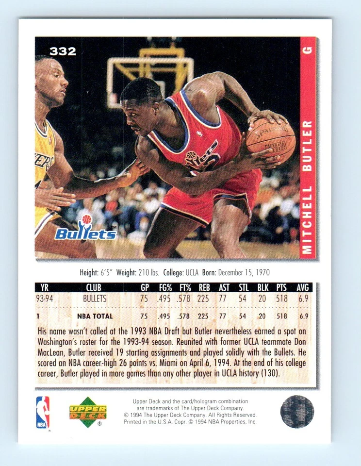 1994-95 Collector's Choice Mitchell Butler Washington Bullets #332 - Image 2 of 2
