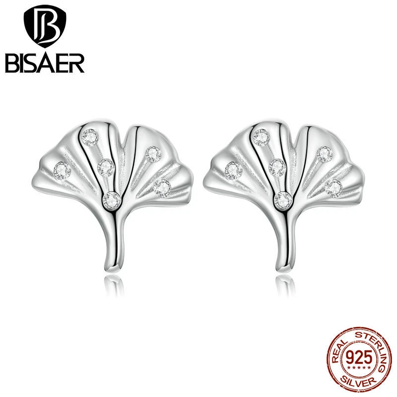 Bisaer Women Authentic 925 Sterling Silver Ginkgo Leaf Stud