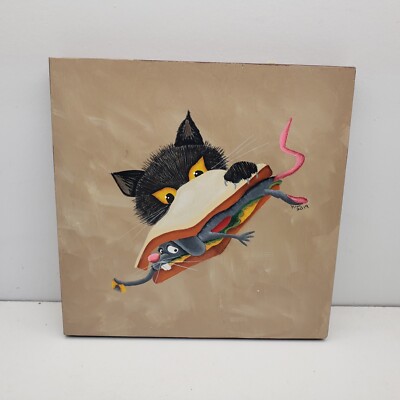 Whimsical Cat Eating A Mouse Sandwich Painting On Wood Signed 10'' folk Art