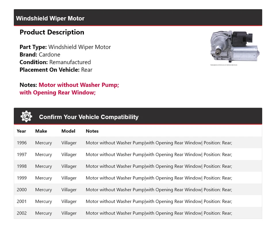 Motor limpiaparabrisas trasero cardone 1997 1998 Mercury Villager 1996-2002 Foto 2 de 4
