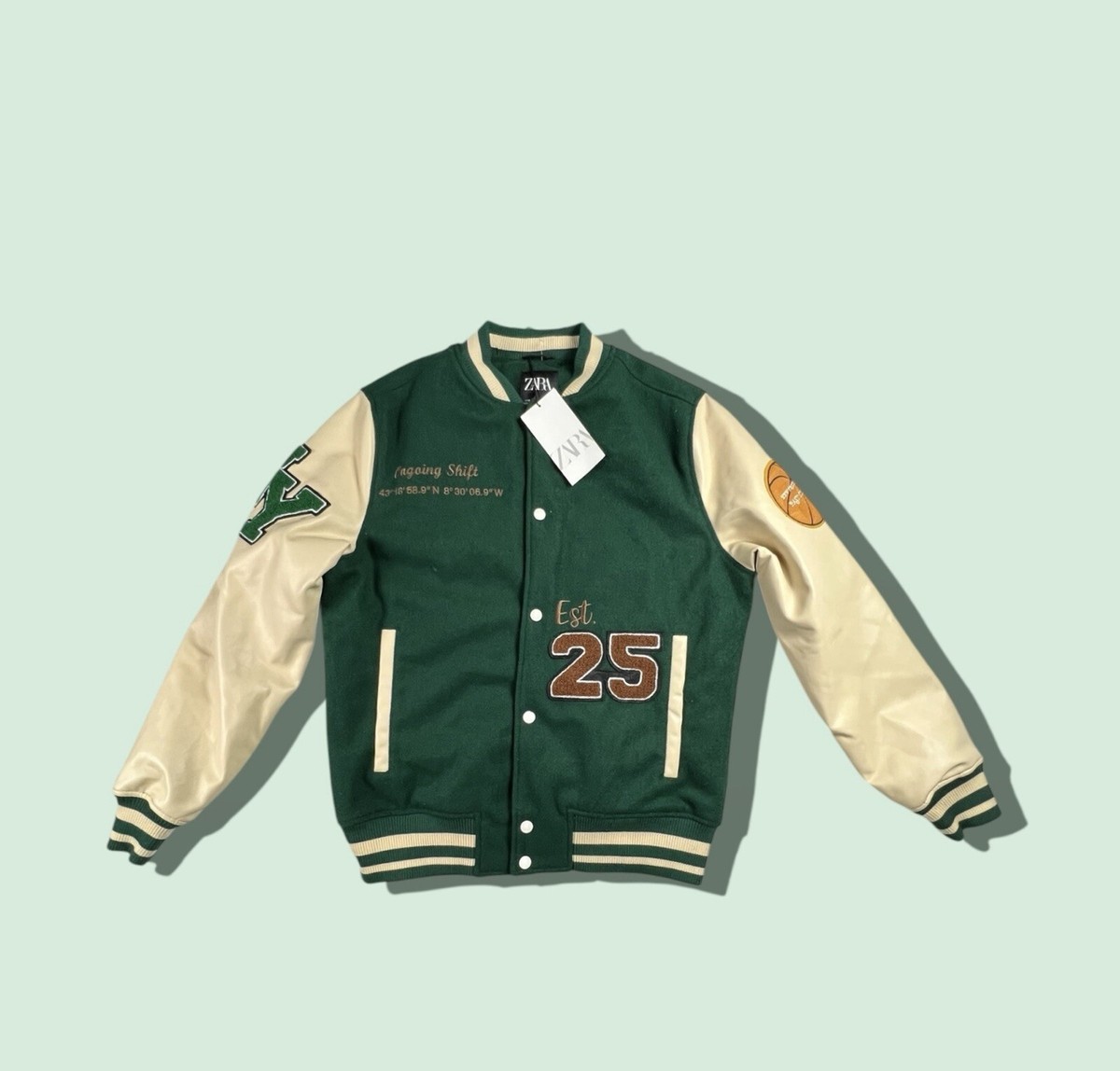 Zara Mens Green Crystal Clear Pockets Long Sleeve Varsity Zara Mens Green Crystal Clear Pockets Long Sleeve Varsity