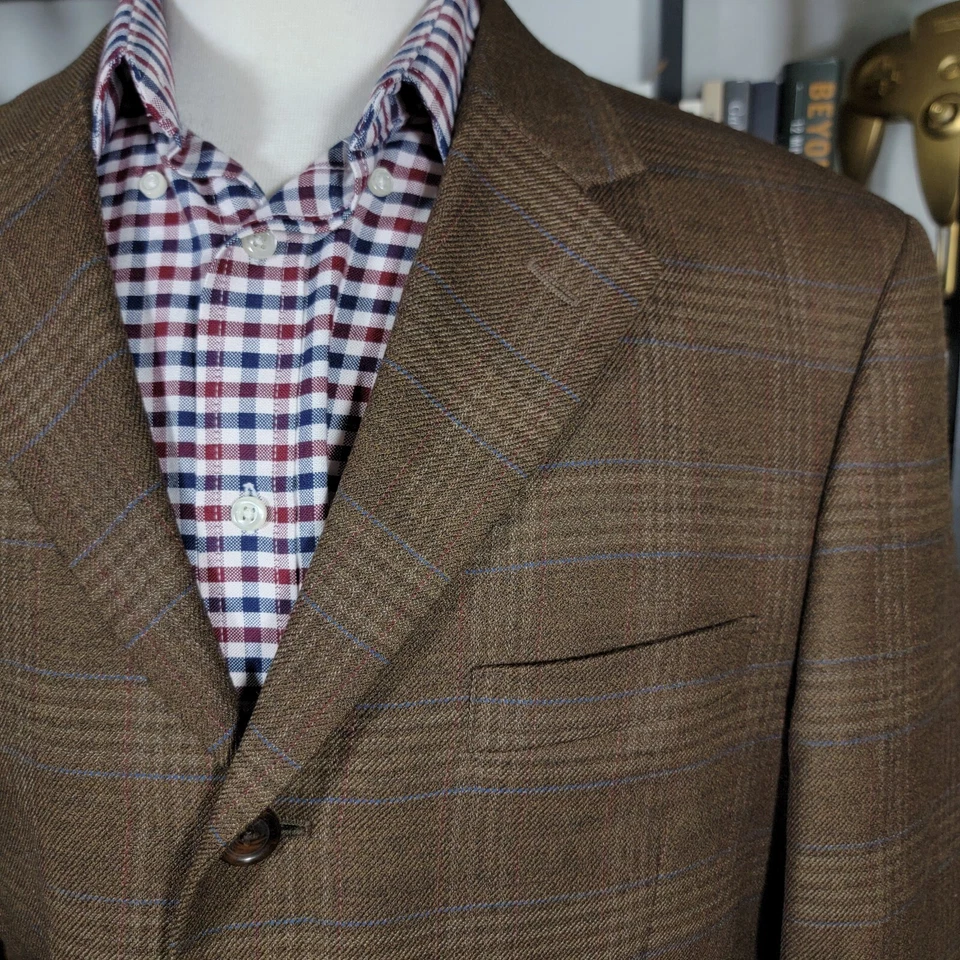 Abrigo Blazer Deportivo Andrew Fezza Para Hombre Tres Botones Marrón A Cuadros Lana Peinada 42S Foto 4 de 4