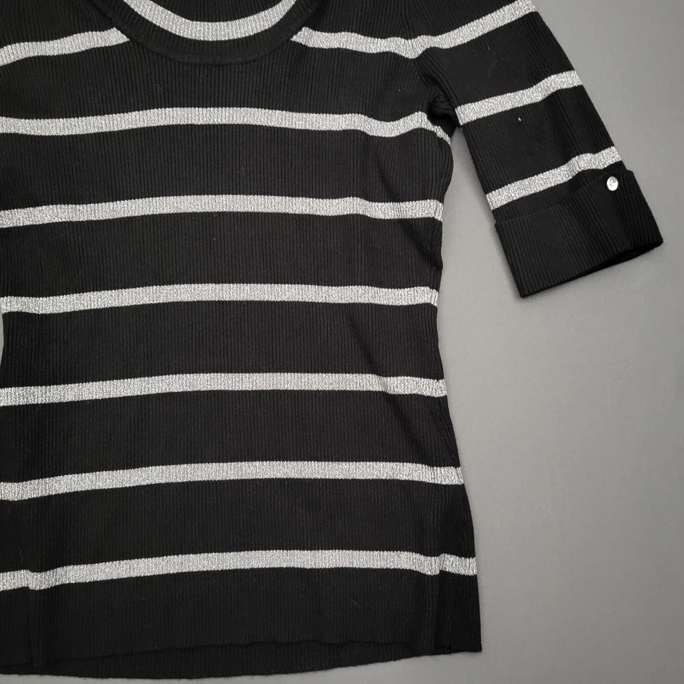 INC Sweater Womens L 3/4 Sleeve Metallic Pullover Turtle Neck Knit Striped Black - Image 4 of 4
