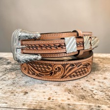 Mens HandTooled Natural Tan Leather Ranger Belt With Sterling Silver Buckle Set