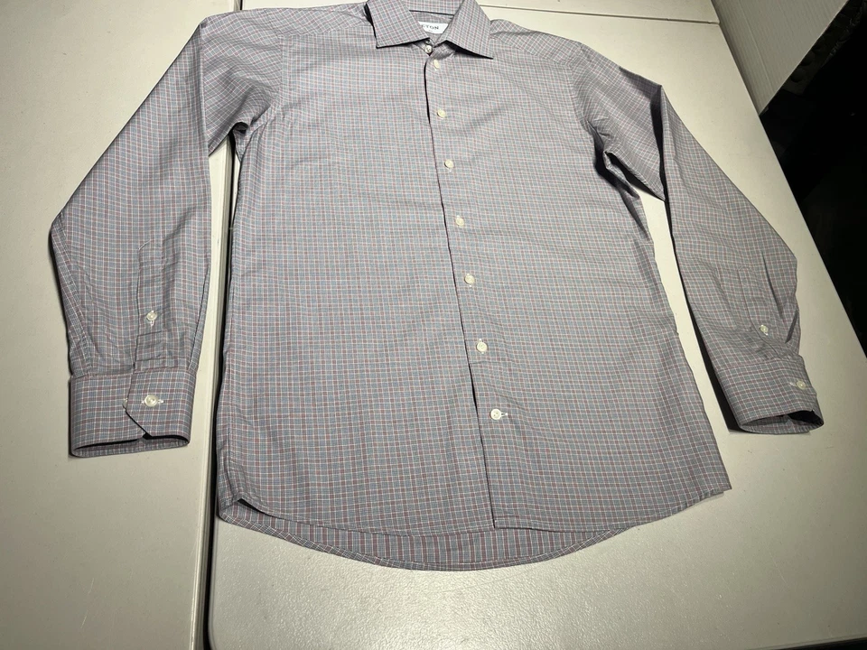Camisa ETON Para Hombre 40 15 3/4 Azul Púrpura Cuadros Vestido Contemporáneo Algodón Abotonado Foto 3 de 4