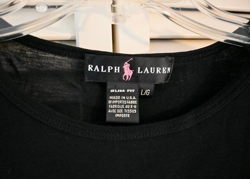 RALPH LAUREN Slim Fit Big Pony Tee Cotton Made in USA Cap Sleeve T Black Sz L - Picture 4 of 5