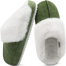KuaiLu Women Fluff Green Faux Fur Lined Dual Memory Foam Slippers Ladies