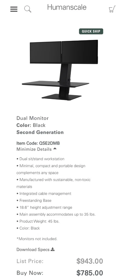 Humanscale QSE2DMB Quickstand Eco - Dual Monitor SCHWARZ Brandneu OVP