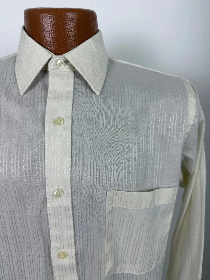 Camisa de Vestir Vintage Años 80 Jacquard Rayas Hombres M Ajustada Calce Cónico Marfil 15 32 33 Foto 3 de 4
