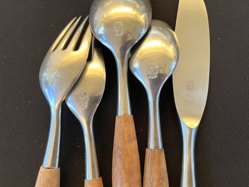 30 Pcs DANSK MCM Fjord Wood Handle Stainless 4 Ducks Logo Germany Flatware Lot - Picture 11 of 13