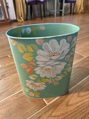 1950s MCM Hand Painted Ransburg Metal Trash Can In Mint