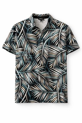Express Men's Large Tropical Palm Print Stretch Polo/ Short Sleeve Cotton Blend