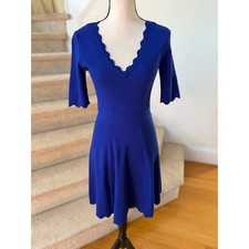 ElizaJ Cobalt Blue Stretch Knit V-Neck Scallop Trim 3/4 Sleeve Knee Length Dress