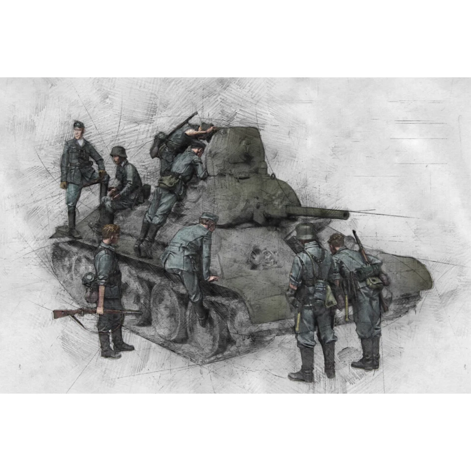 1/35 WWII German Soldiers Inspect T-34 Set (8 Figuren) unbemalt ungebaut