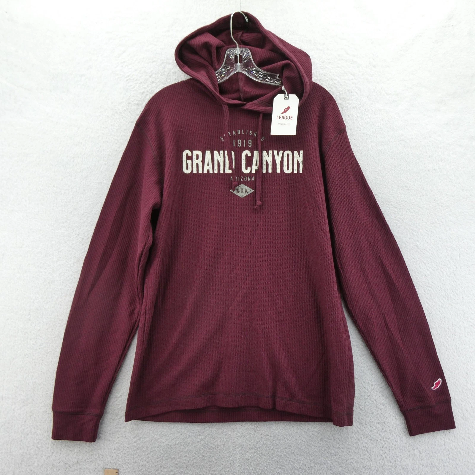 League Hoodie Mens Large Grand Canyon Maroon Waffle Knit Cotton Polyester New