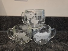 Set of 3 Vintage Nestle Nescafe World Globe Etched Glass Coffee Cup Mugs 70s/80s