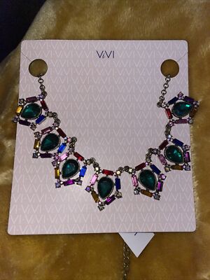 NWT ViVi 18'' Bronze-T Crystal, Blue & Moon Stone Bib Necklace ViVl