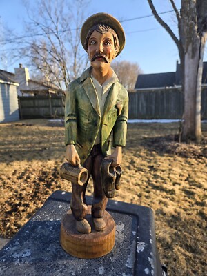 Vtg 16 1/2'' Hand Carved Wood Statue Sculpture Drunk German Man Carrying Shoes