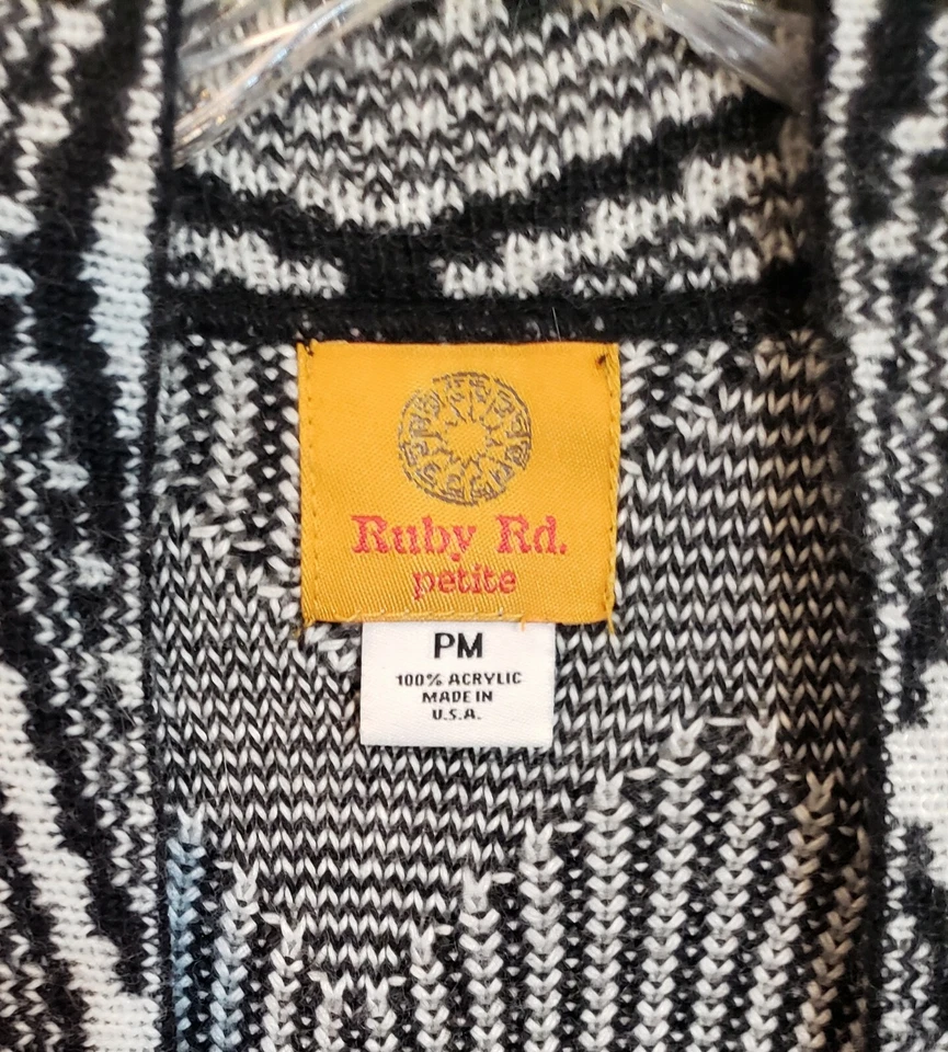 Women's Cardigan-Size PM -RUBY RD. Sweater Black & White Striped Print  - Image 2 of 4