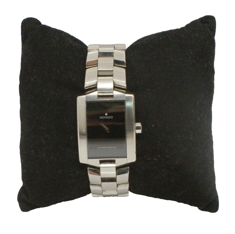 ? Movado Silver-Tone Steel Watch with Black Rectangle Dial 