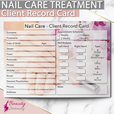 BEAUTY STATIONERY Nail Care Client Record Card NEW - PREMIUM Treatment Consultation A6