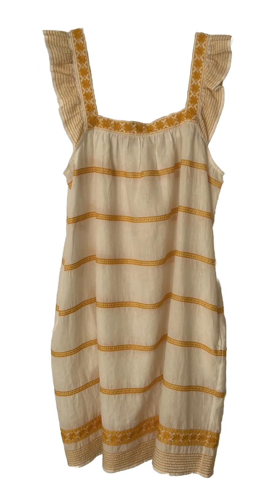Abito donna Tory Burch nuovo $358 ricamato con volant senza maniche in lino medio BC