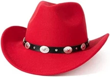Red Western Cowboy, Cowgirl Hat, Black & Silver Strap, Men Women, Wide Brim