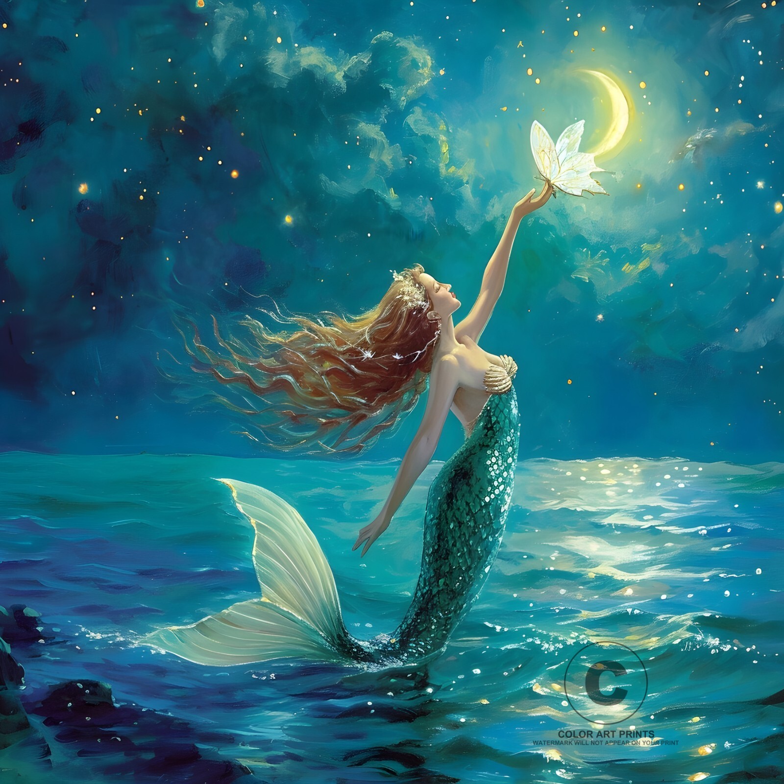 Magical Mermaid Touching Glowing Moon Twinkling Stars Gicl e Art Print Magical mermaid touching glowing moon twinkling stars gicl e art print