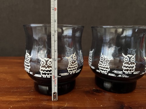 Libbey Blue Gray Owls And Moon Glasses Tulip Shape SET OF 2 M. Dia 3.5” Tall - Picture 8 of 12