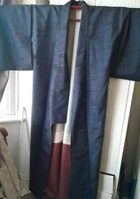 Oshima Tsumugi Vintage Kimono reine Seide jeansblau lila Blumenmuster