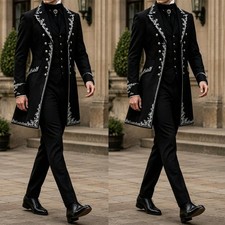 Gothic Victorian Men's Suits Black Embroidered 3 Piece Long Coat Vest Pants Prom