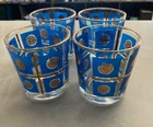 4 Cobalt Blue and Gold Medallion Print Jeanette Glassware Tumblers
