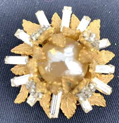Miriam Haskell Brooch Sunburst Baguette Faux Pearl Sunbeam Snowflake 1.5'' FLAW