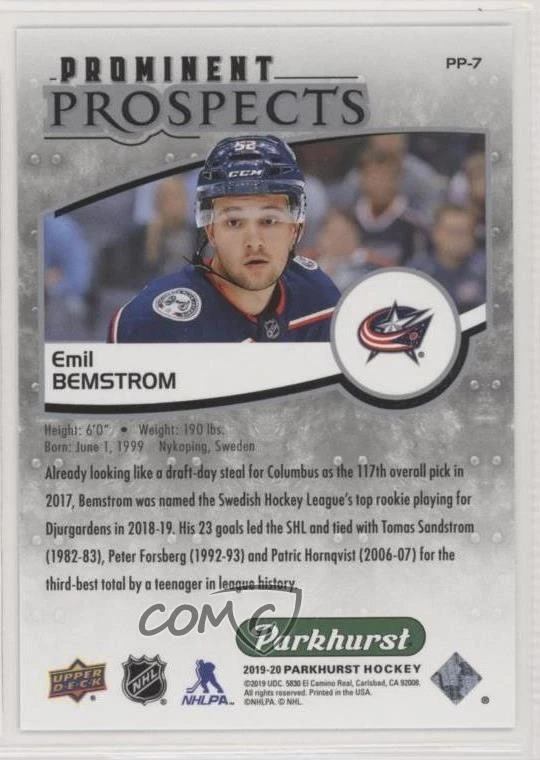 2019-20 Upper Deck Parkhurst Prominent Prospects Emil Bemstrom #PP-7 Rookie RC - Image 2 of 2